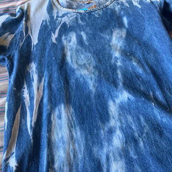 Vintage bleach dyed denim distressed 3/4 sleeve raw edges tunic top - Picture 12 of 15